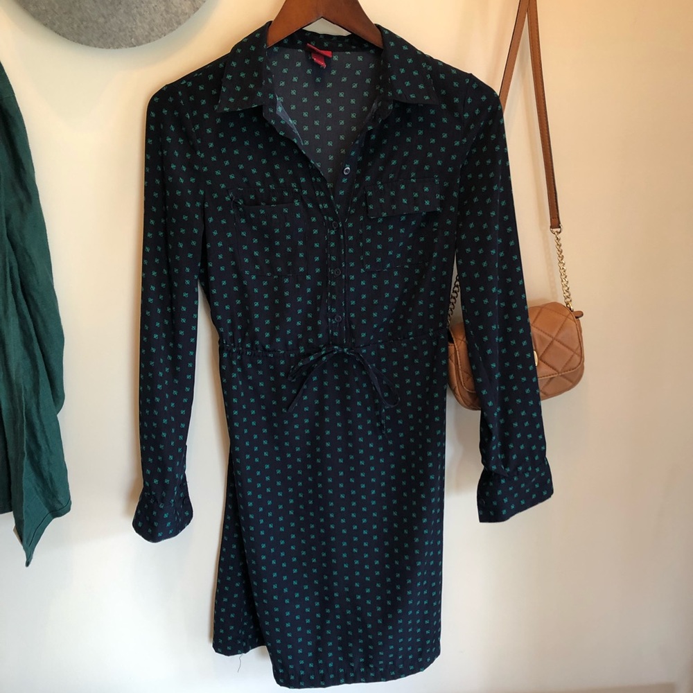 Navy Print Button Front Shirt Work Dress